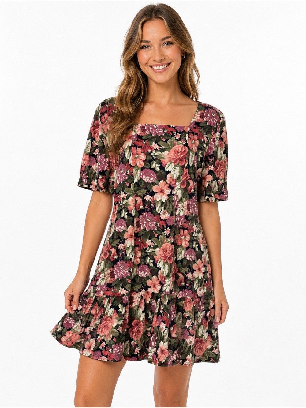 Zanoni by Jalate Floral Dress Vintage 90s Square Neck Drop Waist Midi Large USA